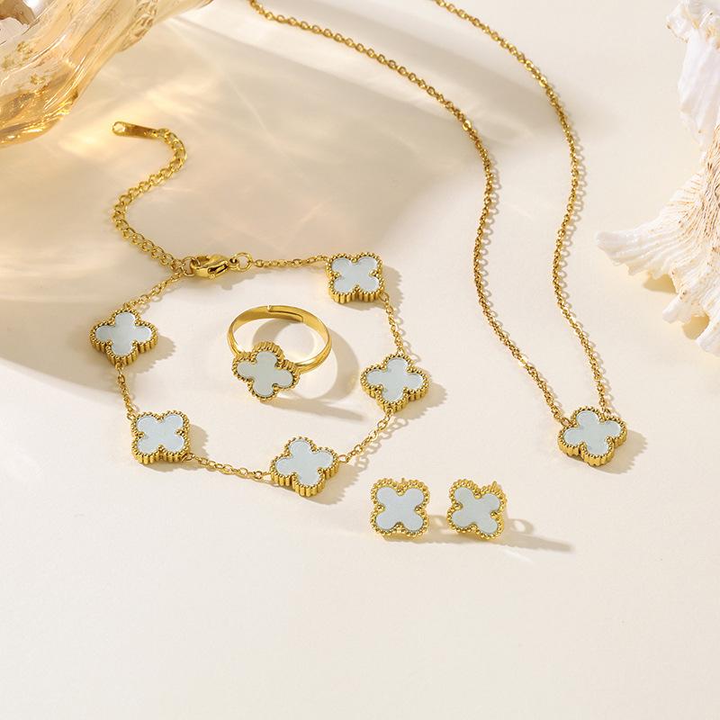 4PCS 13MM Double-Sided Mother-of-Pearl Lucky Four-Leaf Clover Bracelet, Earrings and Ring Four-Piece Women's Jewelry Set