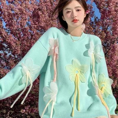 Women 3D Flower Solid Color Sweaters Sweet Woman Casual Round Neck Knitted Top Autumn Loose and Versatile Ladies Sweater