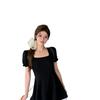 2026 Summer Black Swan Color Block A-line Little Black Dress with Short Sleeves - Hepburn Style