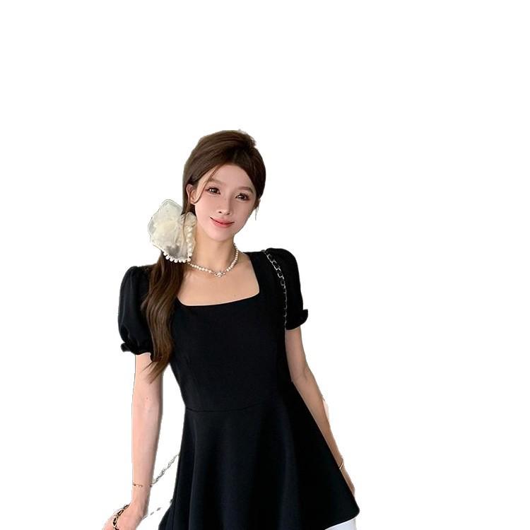 2026 Summer Black Swan Color Block A-line Little Black Dress with Short Sleeves - Hepburn Style