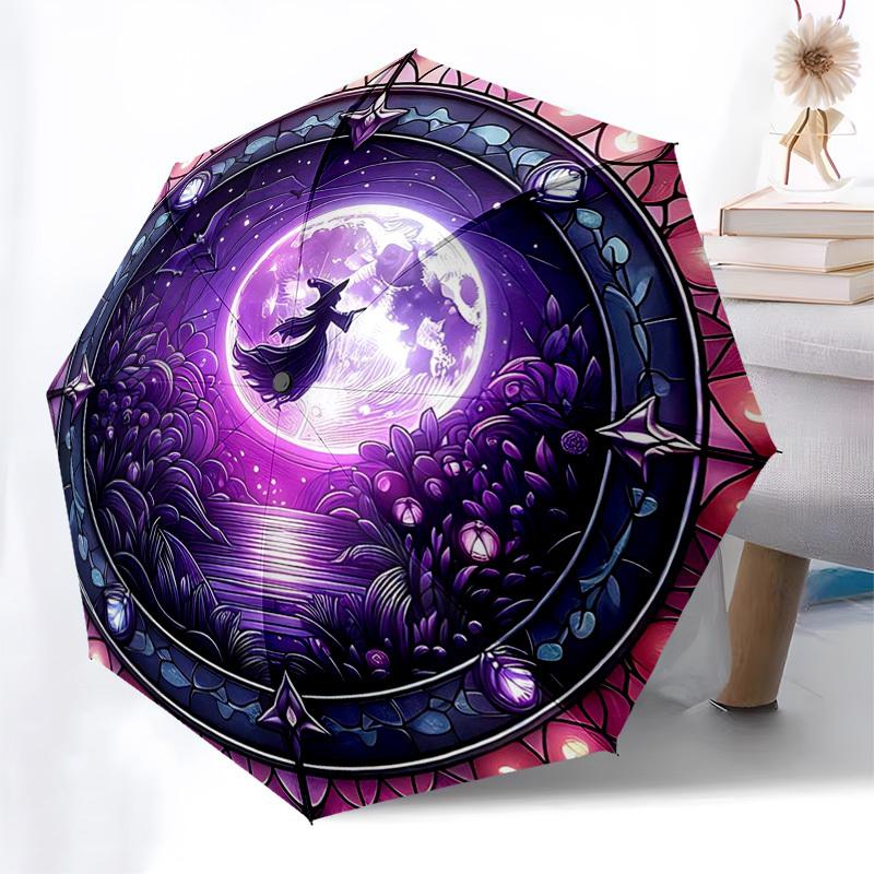 

1pc Stained Glass Witch Moon Scene Automatic Opening Folding Umbrella - Portable 3-Fold Design with Iron Frame, Outdoor, Gift for Fans, Travelers, Dai