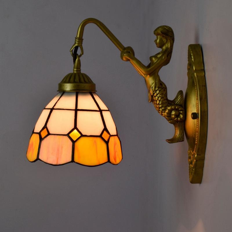 European Stained Glass Mermaid Wall Lamp Bedroom Bedside Lamp Retro Creative Dining Room Balcony Aisle Staircase Light