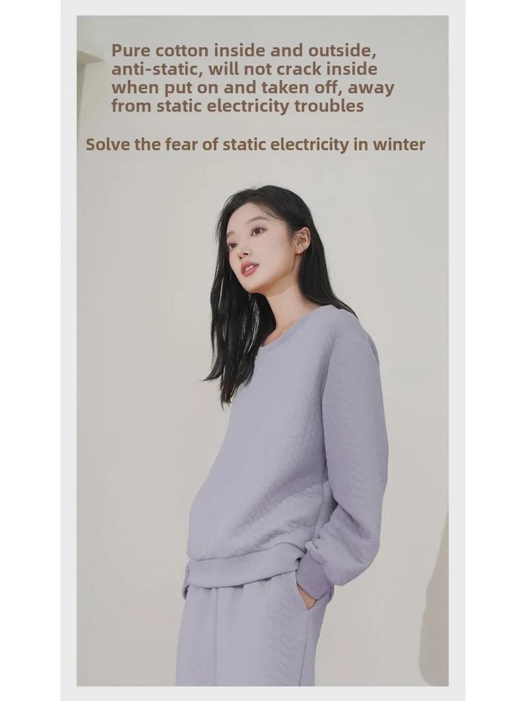 Pijama de bumbac matlasat cu mânecă lungă pentru femei - Groasă, Mărime mare pentru toamnă/iarnă