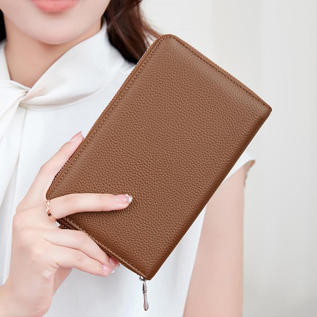 KASSAI Cowhide Leather Passbook Case with Large RFID Skimming Passport and Card Case Accordion-Style Capacity, Protection, (Brown)