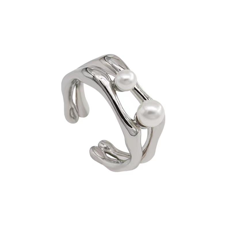Pearl Irregular Plain Ring Double-Layer Ring Female Niche Design Simple Personality Index Finger Ring Opening Adjustable Ring