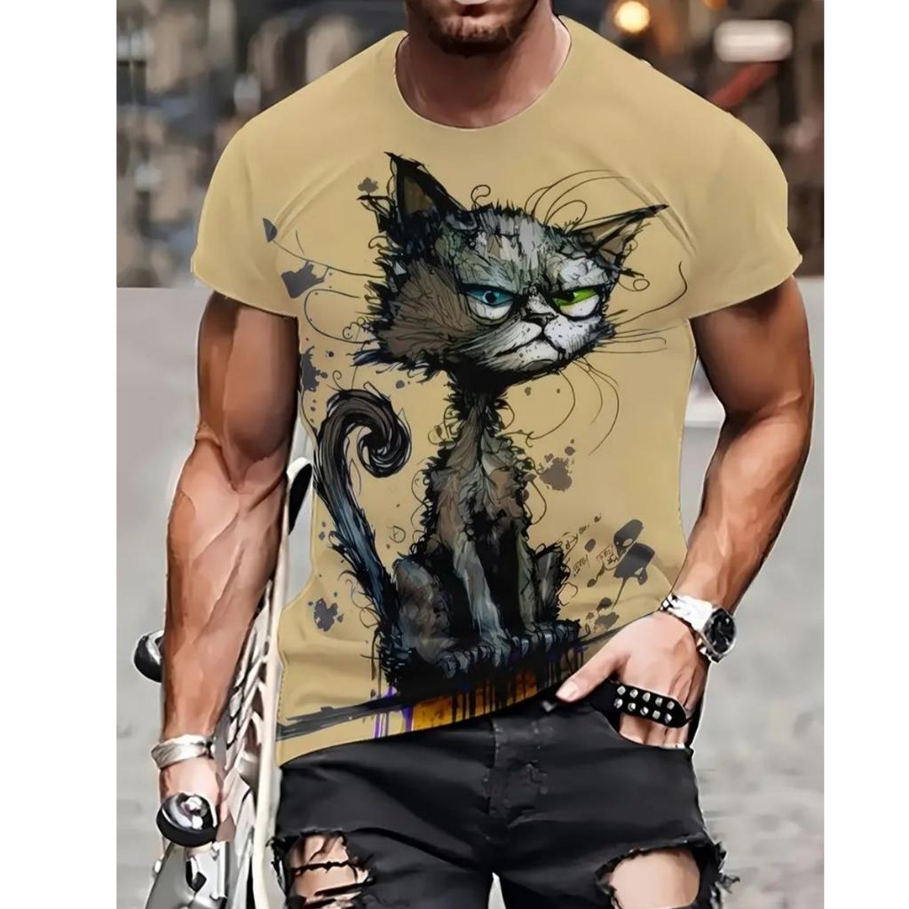 Summer Men's T Shirt Short Sleeve Animal Print Casual O-Neck Oversized Pullover Fashion Streetwear Male Clothing Cat T-Shirts