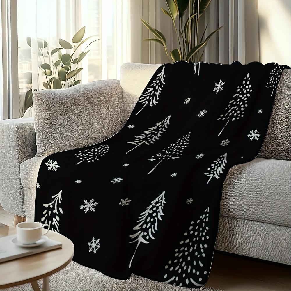 1pc Cozy Christmas Snowflakes Printed Throw Blanket - Soft Flannel Retro Black & White Snowflake & Pine Tree Design - All-Season