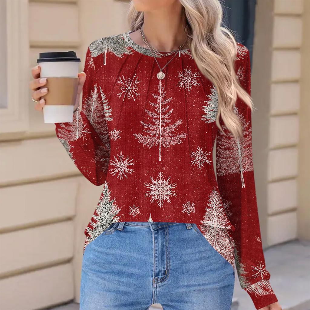Women's Fashionable Casual Christmas Printed Pleated Comfortable Round Neck Loose Long Sleeve T-Shirt Top