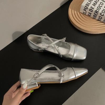 French Small Fragrant Mary Jane Shoes Small Silver Shoes Spring New Versatile Shallow Mouth Soft Leather Cross Single Shoes Small Leather Shoes