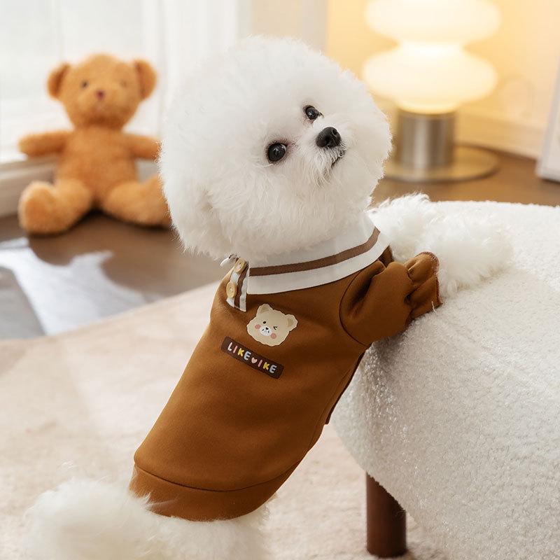 New Autumn and Winter Bear Print POLO Collar Dog Sweater Medium and Small Dog Cat Two Feet Thin Velvet Pet Clothes