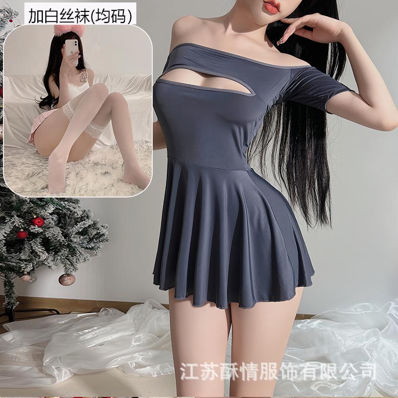 Sexy Lingerie Sexy Hollow Uniform Temptation Free One-word Shoulder Nightgown Hot Pure Desire Suit
