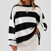 Women's Striped Neck Sweater with Long Bell Sleeves, Loose Fit Knit Pullover
