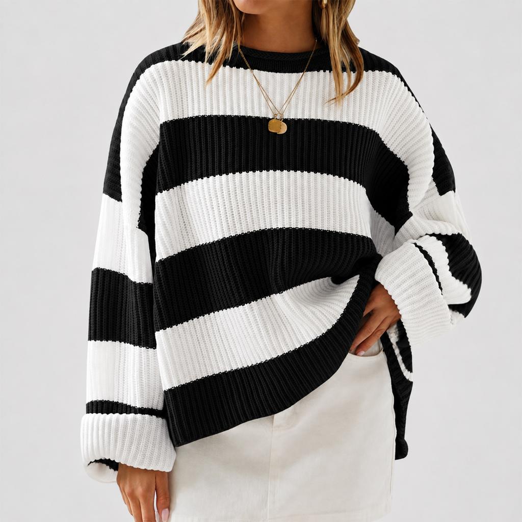 Women's Striped Neck Sweater with Long Bell Sleeves, Loose Fit Knit Pullover