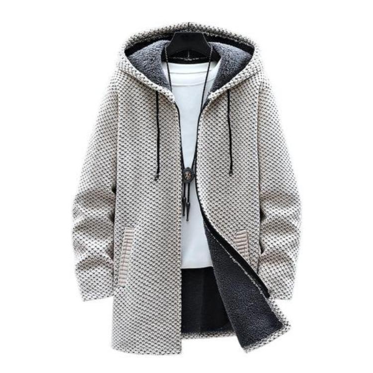 

Winter Knit Sweater Jacket Hooded Mid Length Plush Lining Thicken Long Sleeve Drawstring Autumn