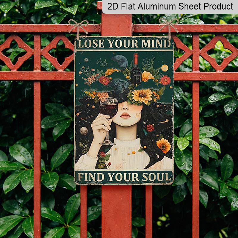 2D Flache Vintage Boho Aluminium Wandkunst - "Verliere deinen Verstand, finde deine Seele" Retro Schild mit kosmischem & floristischem Design, 7,87*11,8 Zoll, Perfekt für Zuhause