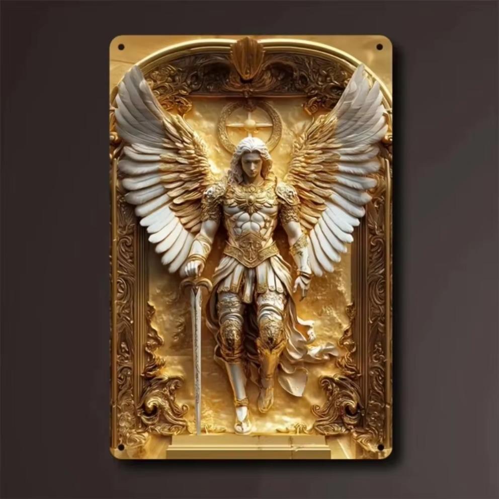 קשת זהב של המלאך מיכאל אמנות קיר מורכבת מאלומיניום לוחם מלאכי עם הילה חרב מתכת עמידה קישוט לבית