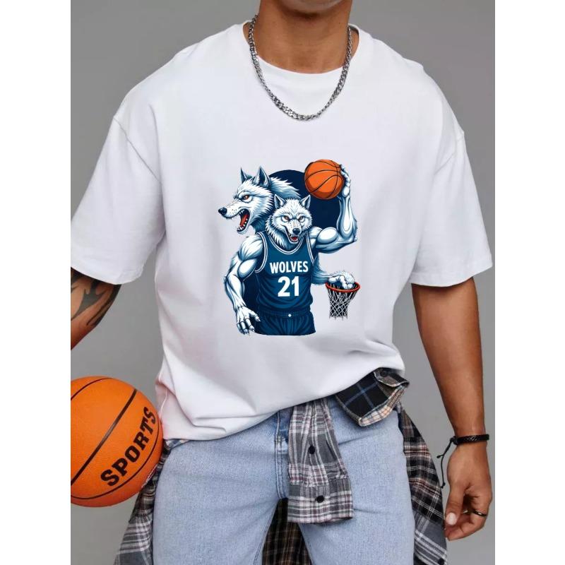White T-Shirt Wolves Basketball Team 21 Number Graphic Print for Sports Fans Casual Wear