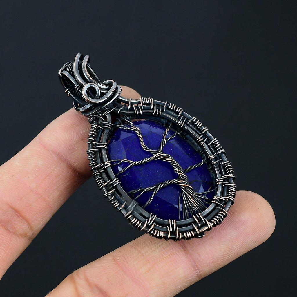 Blue Sapphire Gemstone Handmade Pure Copper Wire Wrapped Pendant Jewelry For Memorial Day