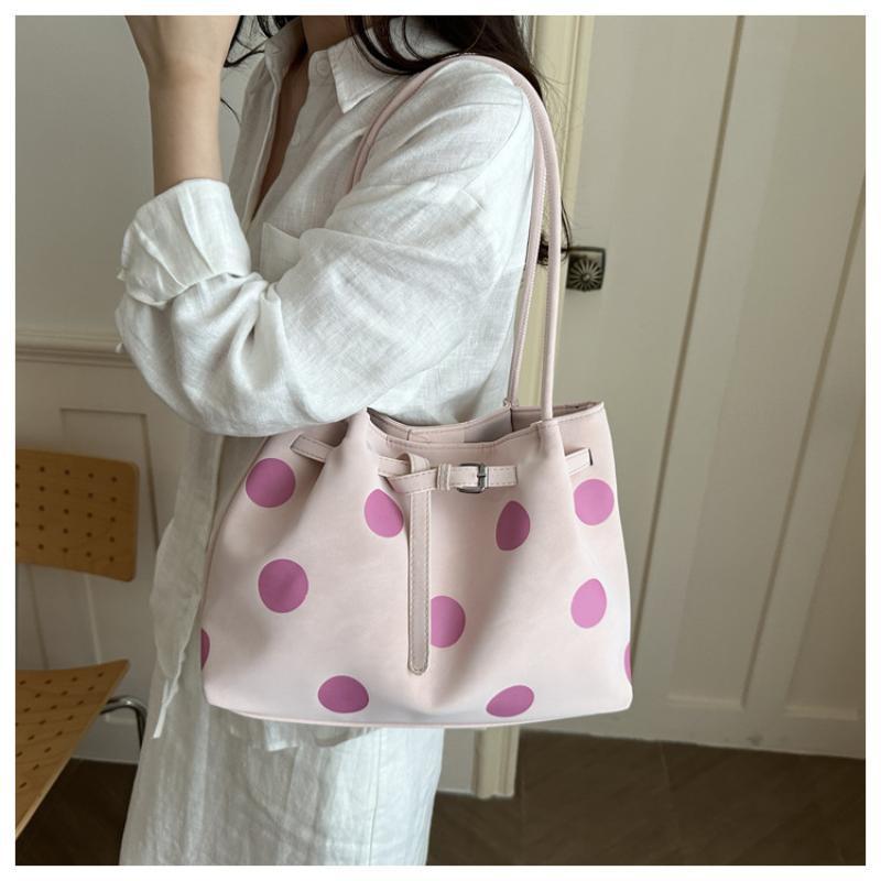Polka Dot Shoulder Tote Bag Large Capacity Buckle Design For Daily Commuting Shopping
