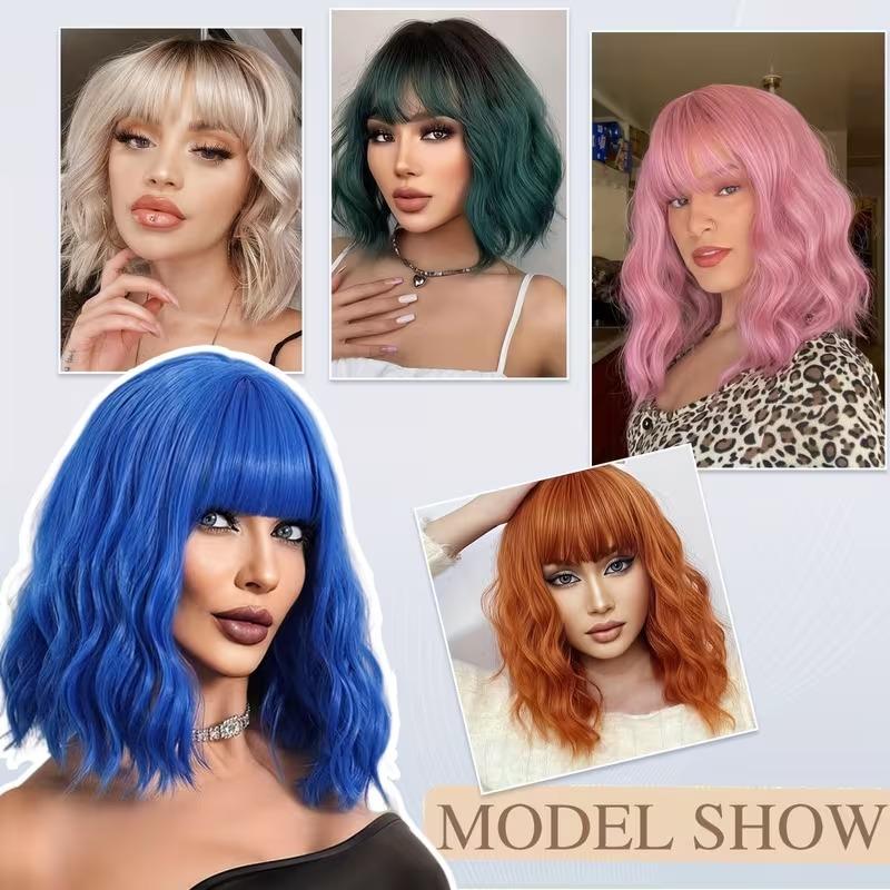 Bob Wig With Bangs 12 Inch Short Wavy Bob Wig Synthetic Blue Orange Pink Yellow Purple Red Wigs For Women Cosplay Halloween Daily Use