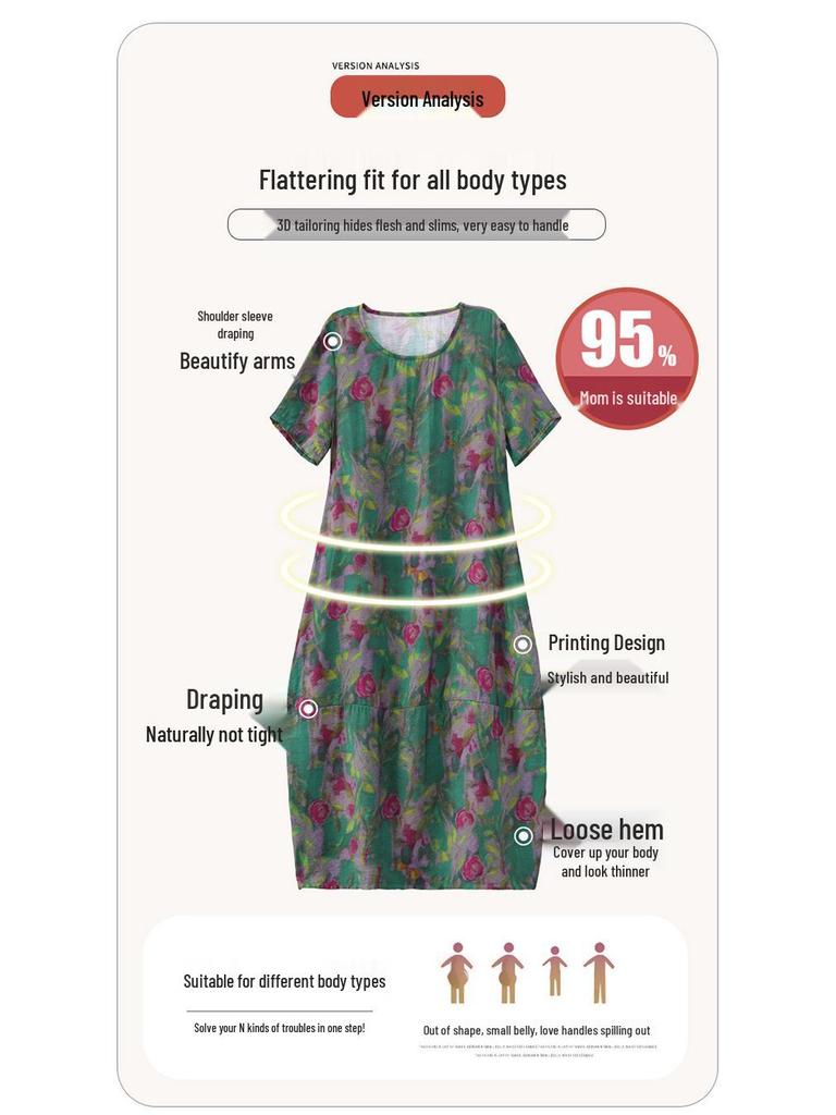 Dam Plus Size Sommar Bomull Linne Smickrande Midi Klänning - Trendig, Smickrande och Lös Passform