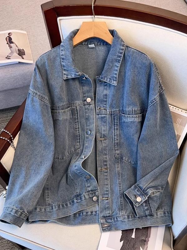 Korean Style 2025 Loose Mid-Length Denim Jacket with Large Pockets for Women Students
