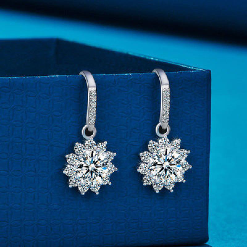 White Gold and Copper-Plated Sunflower Moissanite Earrings with Diamond Ear Hooks, One Carat