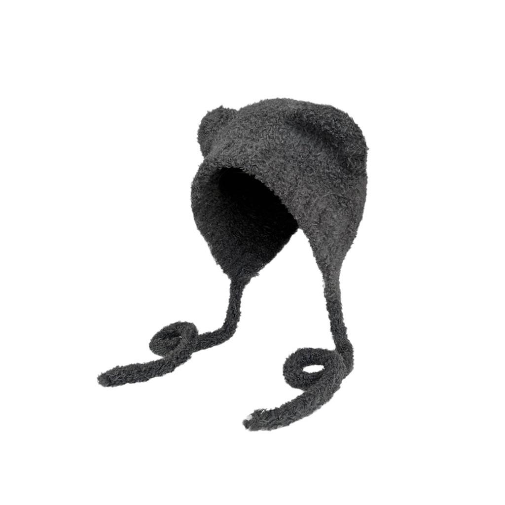 Cute Bear Ear Knit Hat For Women Winter Warm Plush Earmuffs Tie Headband Cap