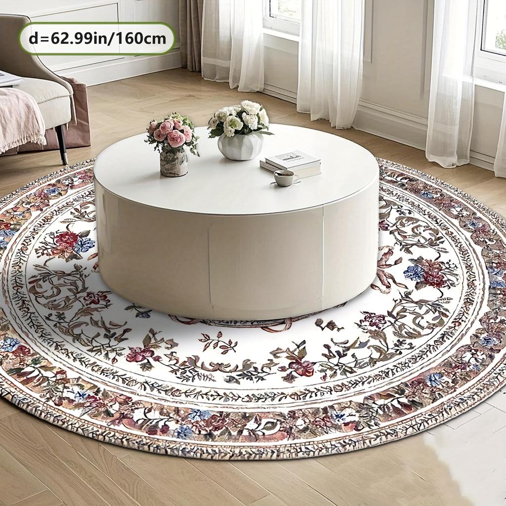 Bedruckter runder Teppich aus Flanell mit Vintage-Blumendesign für die Heimdekoration Weiche Bodenmatte Klassischer Stil Elegantes Interieur