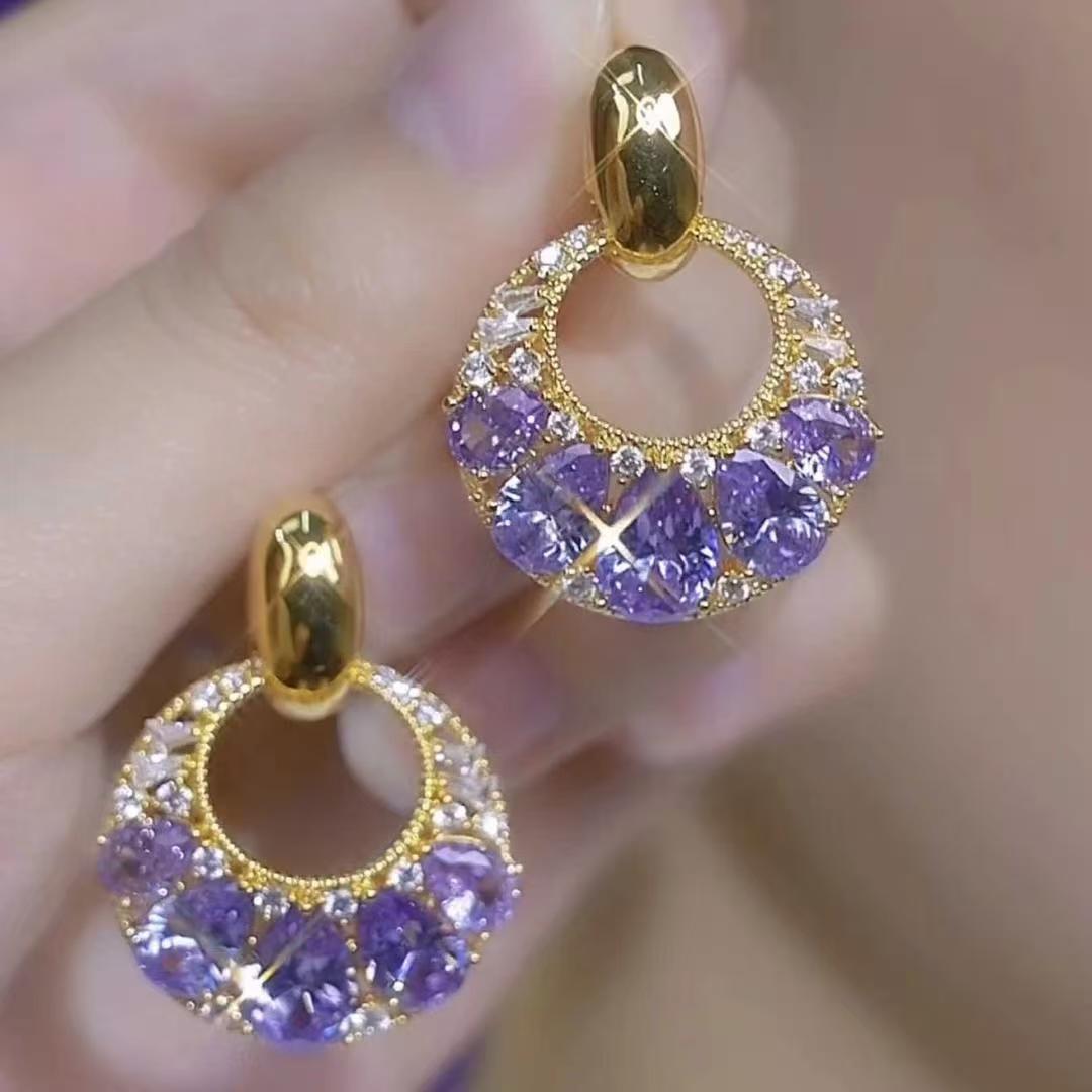 

Elegant Zircon Dangle Earrings: Purple & Green Unique Design Hoops