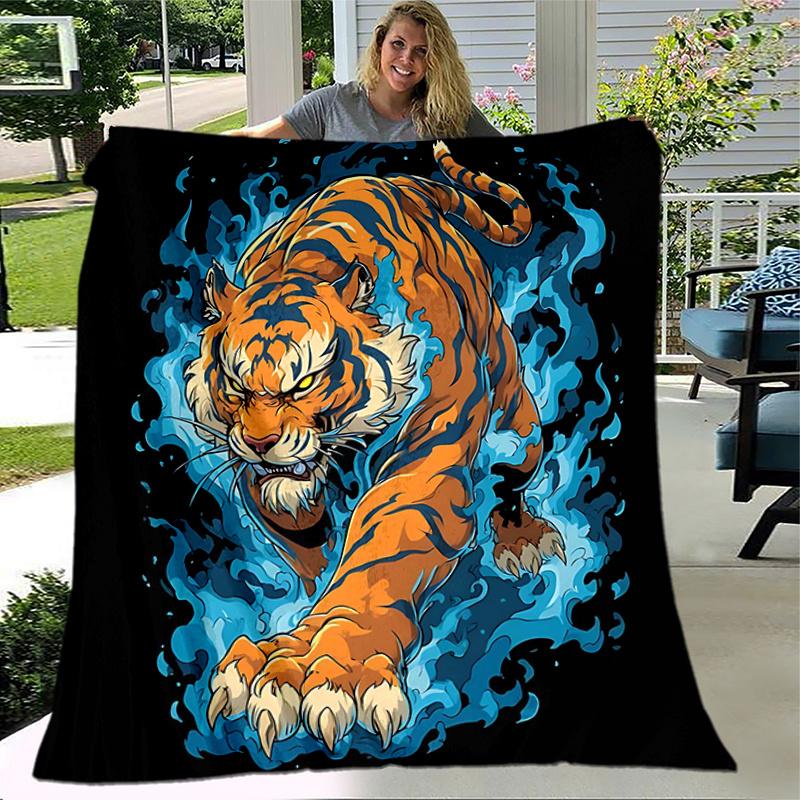 1pc Blue Flame Majesty Lion Blanket Cartoon Throw for Home Decor, Gift Idea, All Seasons Use .K011