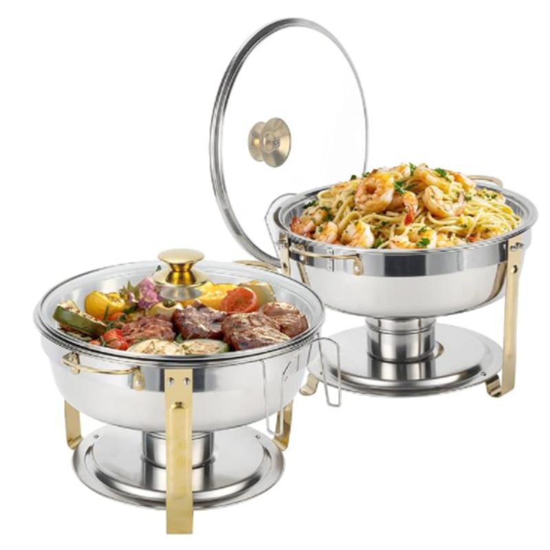 2/4/6 Pack Stainless Steel Chafing Dish Buffet Chafer Pan Round Catering Warmer w/Glass Lid for Party Banquet 2 Pcs