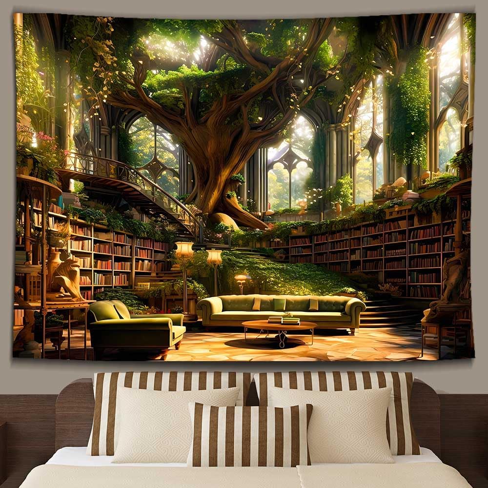 Ine Ive Fantasy Bibliothek Wandteppich, Baum Bücherregal Wanddekoration, 80x60 Zoll