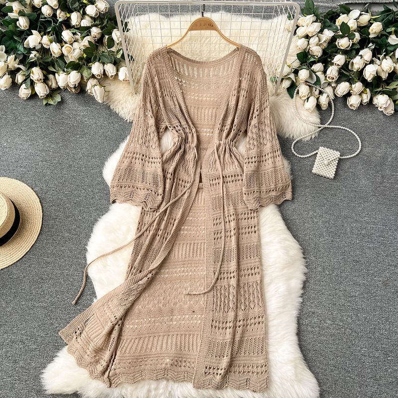 

Gentle Korean Outerwear Thin Cape Cardigan Outwear Female Mid Length Long Length Cut Out Crocheted Knitting Vacation Sun Protection Clothing Khaki All yards