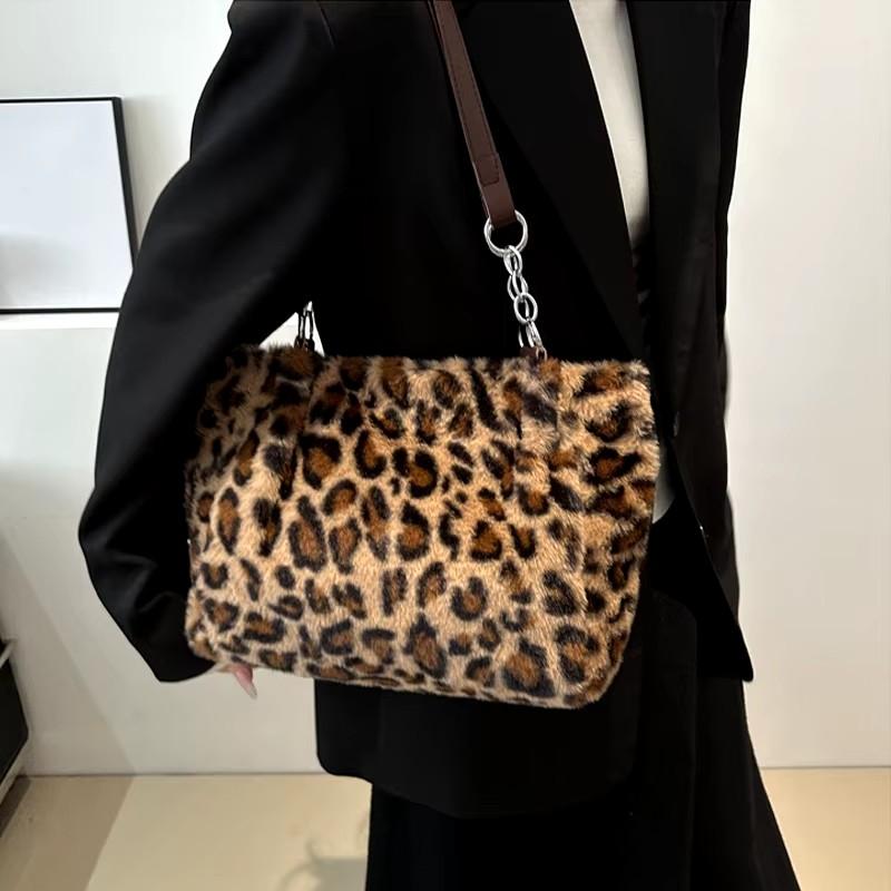 Women's Leopard Print Plush Tote Bag, Large Capacity Fluffy Shoulder & Underarm Handbag, Luxury Commuter Bag