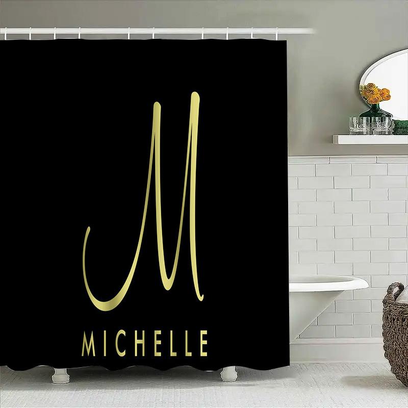 Initial Monogram Shower Curtain Custom Name Letter Decorative Bathroom Liner For Home Decoration Black With Gold M