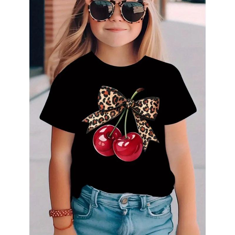 

Summer Fruit Cherry Bow Print Kids T-Shirt Cotton Casual Girls Short Sleeve Shirts Casual Sports Fashion Children s Clothes Tees 150