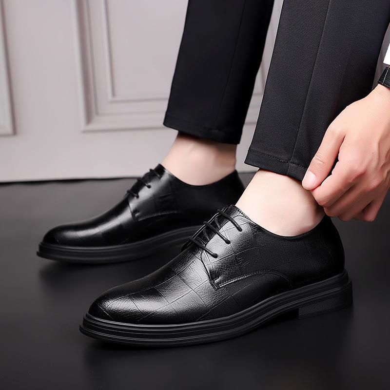 

Leather shoes men s business spring new trend platform plaid men s shoes non-slip lace-up pointed shoes 38 чёрный