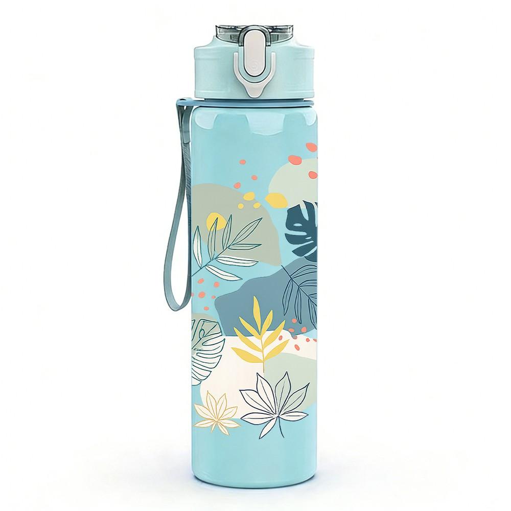 1PC Soft Pastel Leaf Plant Art Print 750ml Color Plastic Sports Water Bottle Leakproof Flip Straw Lid Suitable for Sports Office Home Use