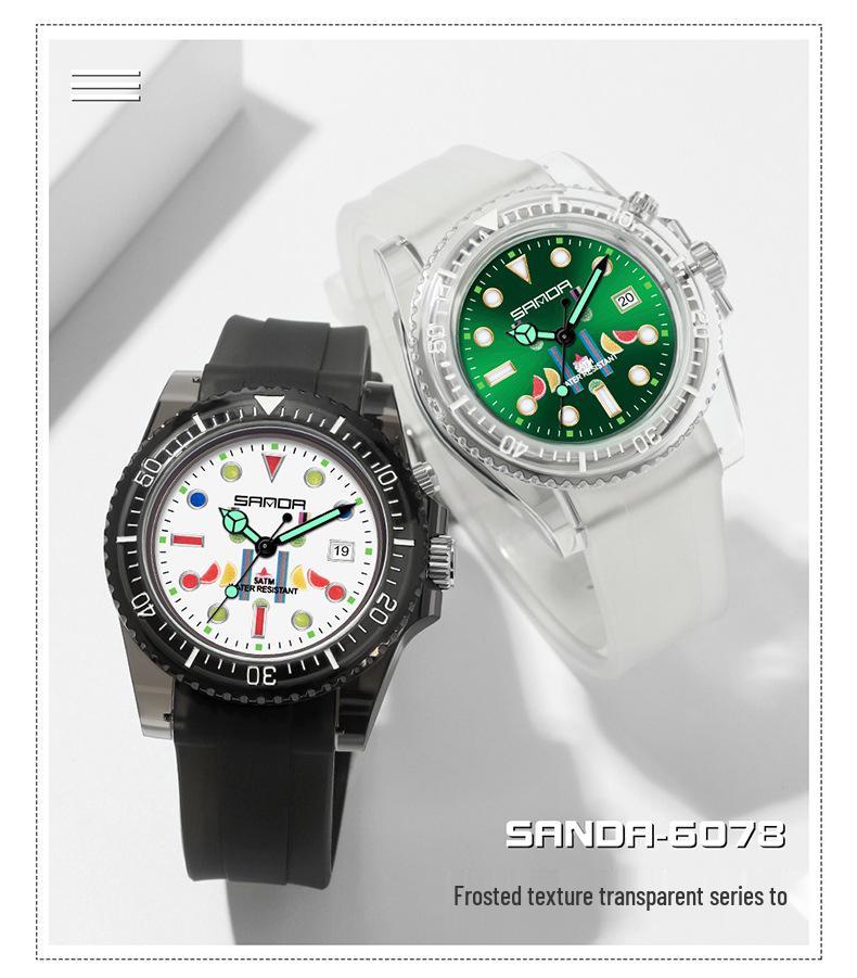 Sanda 6078 Dual Calendar Student Watch with Transparent Strap - Waterproof & Luminous