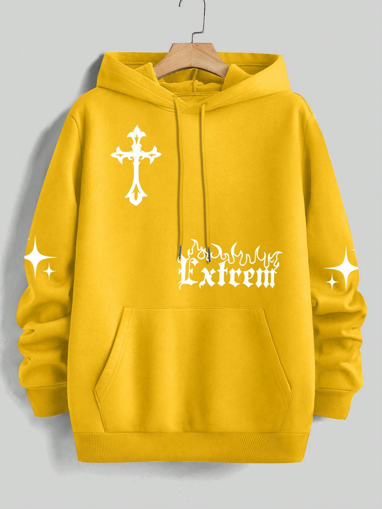 Navy Blue Cross & Star Printed Hoodie with Pouch Pocket & Drawstring Cotton Casual Streetwear for Men/Women S
