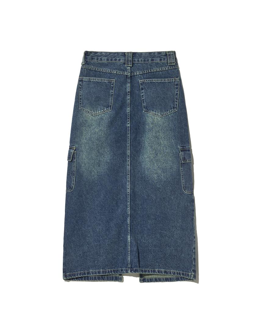Viva Brown 85-Vivaj073 Cat Sand Washed Slit Pocket Long Denim Skirt Indigo