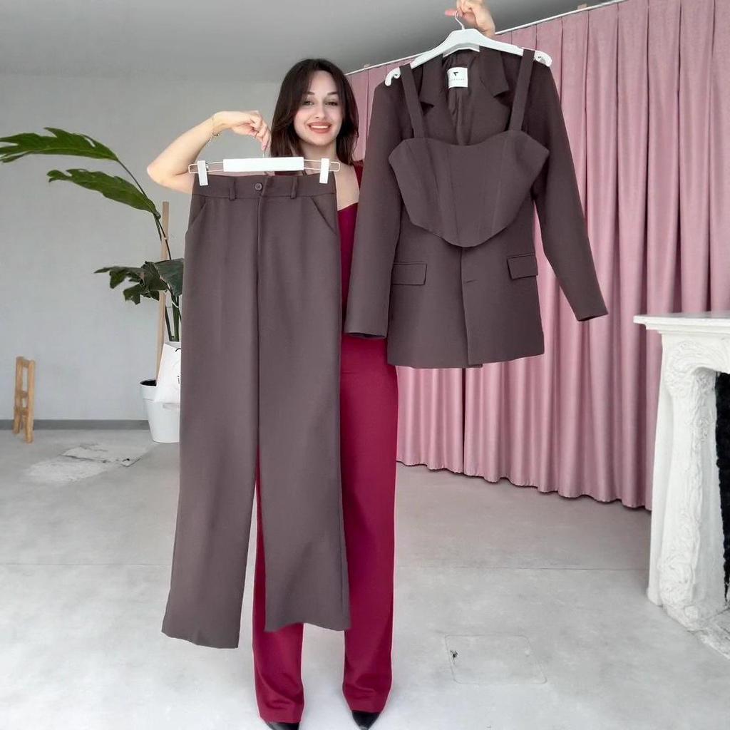 2025 Autumn Women's European and American Commuting Camisole Top, Long Sleeve Suit Jacket, and Straight Leg Pants Set