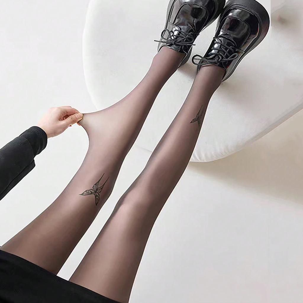 1 Pc Women's Black Butterfly Sheer Tights, Stylish Chic Design Footed Pantyhose for Spring & Autumn