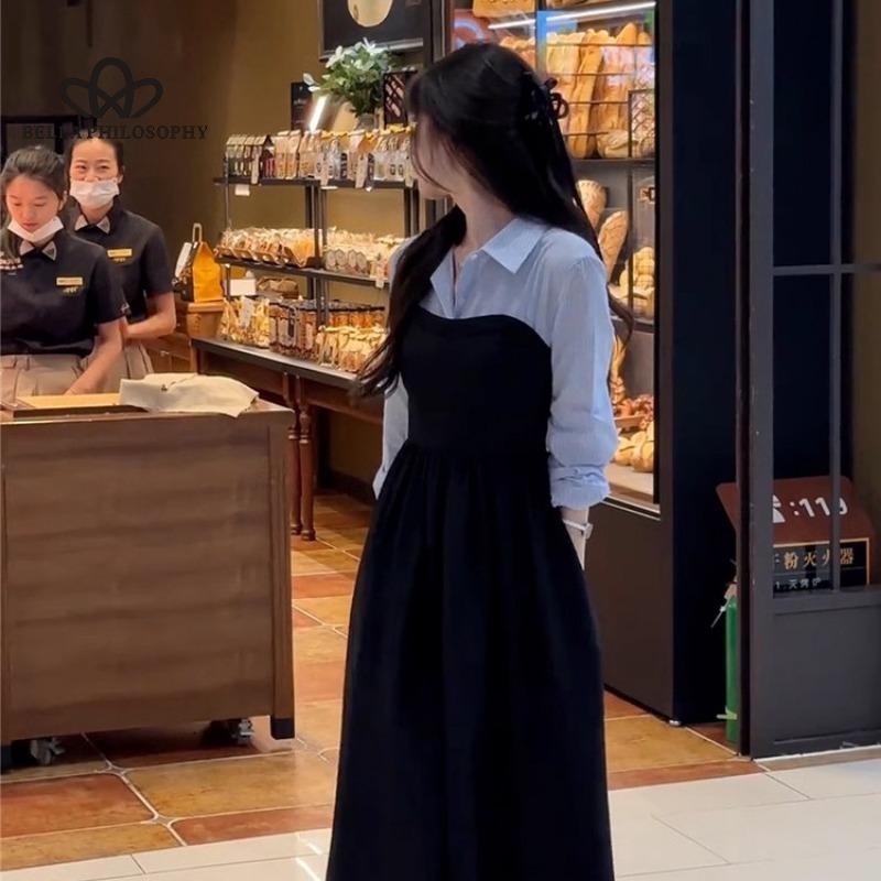 Šití klopa Šaty s dlouhým rukávem Dámské předjaří Nové Košile s úzkým pasem Šaty zeštíhlující hongkongský styl Elegantní dlouhé šaty