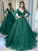 Blue Wedding Dress Autumn and Winter New Long-sleeved Bead Sequined Big Swing Dress Sexy V-neck Banquet Dress New