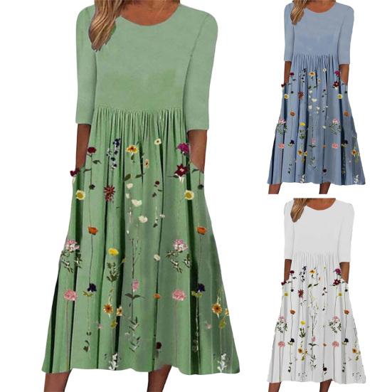 Damen Sommer Fließendes Midi-Kleid Boho Floral Plissiertes Kleid mit Taschen Lässig Halbarm Rundhals Schwingkleid