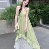 Plus Size 2026 French Style Print Patchwork Irregular Spaghetti Strap Summer Beach Dress