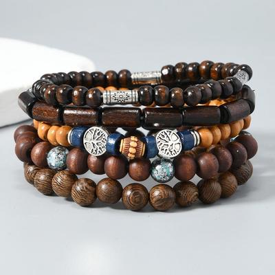 Bohemian Style Handmade Beaded Tree of Peace Bracelet Set - 5-Piece Elastic Cord Men's Wooden Beads