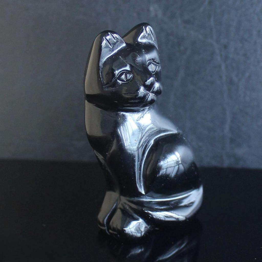 2‘’ Hand Carved Mixed Gemstone Crystal cat Animal Figurine Animal Carving (Black Obsidian)
